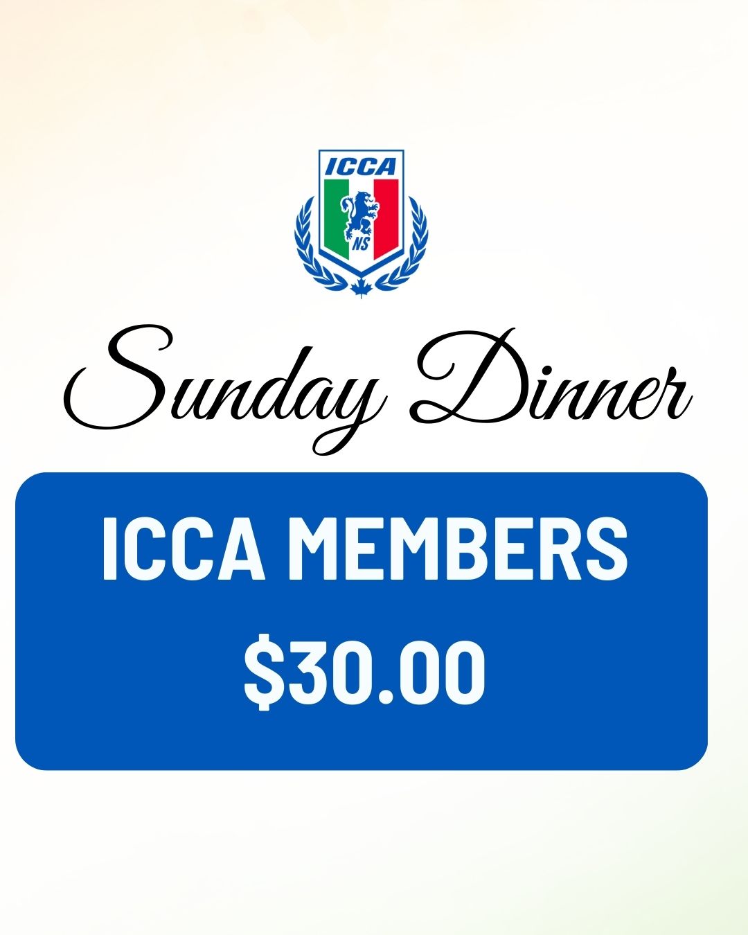 ICCA Members Sunday Dinner $30